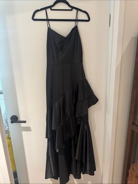 Betsy & Adam Black Ruffled Asymmetrical Spaghetti-Strap Dress